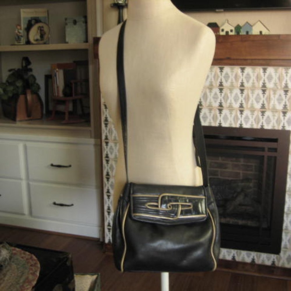 Susan Gail Black Crossbody Bag with Gold Trim Vintage Retro VGUC